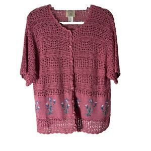 Vintage Teddi Womens Cardigan Size L Open Knit Crochet Crossstitch Floral Pink